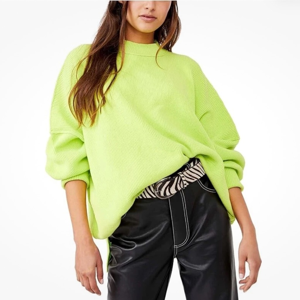 Free People Easy Street Ribbed Knit Tunic Sweater Size Small Citron Green - Picture 4 of 9